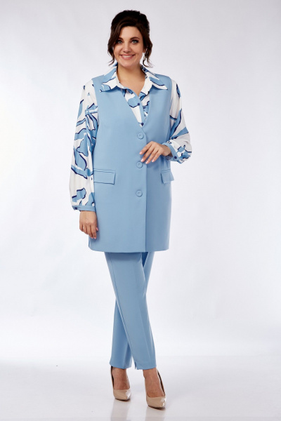 Блуза, брюки, жилет Элль-стиль 2274 голубой/белый - фото 1