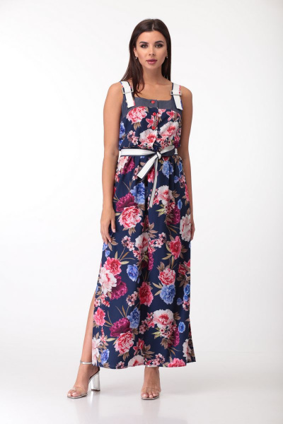 Платье ANASTASIA MAK 710 синий+цветы - фото 1