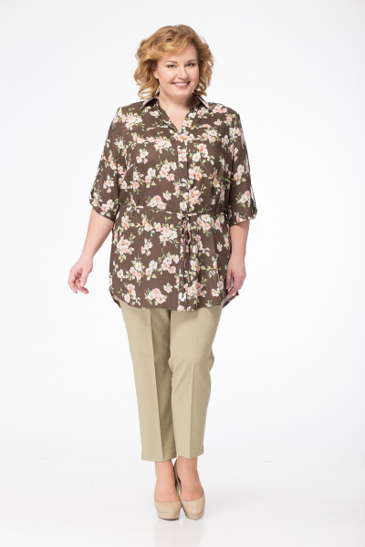 Блуза, брюки LadyThreeStars 1775 коричневый+оливковый - фото 1