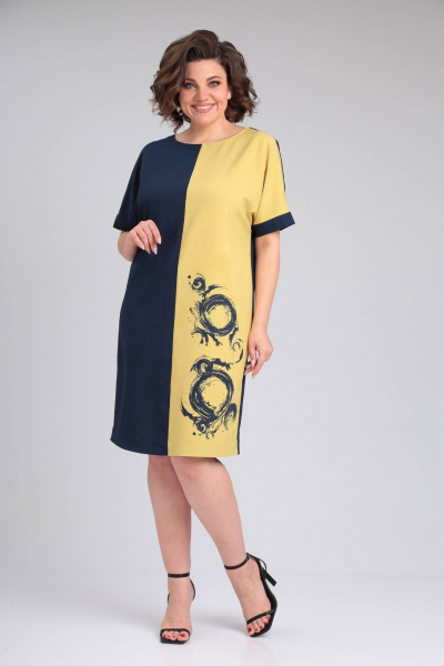 Платье LadisLine 1495 темно-синий+горчица - фото 4