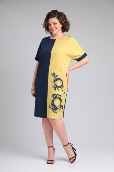 Платье LadisLine 1495 темно-синий+горчица - фото 1