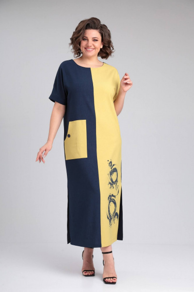 Платье LadisLine 1494 темно-синий+горчица - фото 4