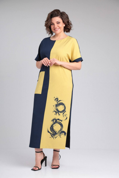 Платье LadisLine 1494 темно-синий+горчица - фото 3