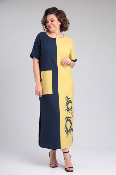 Платье LadisLine 1494 темно-синий+горчица - фото 2