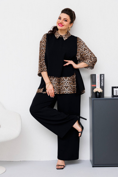 Блуза, брюки, жилет Romanovich Style 3-2510 черный/леопард - фото 1