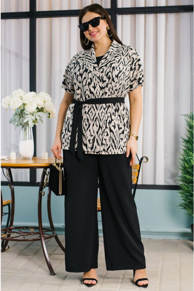 Блейзер, блуза, брюки TAEMNA 24005 черно-бежевый - фото 3