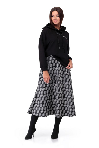 Свитшот, юбка Мишель стиль 910 черный,горохи - фото 1