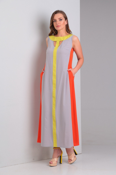 Платье Диомант 1295 серый+оранжевый+желтый - фото 1