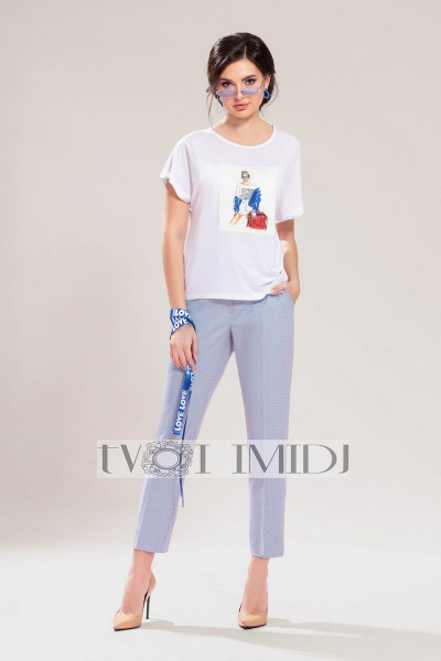Блуза, брюки, жакет Твой имидж 1225 голубой+белый - фото 2