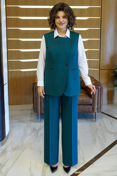 Блуза, брюки, жилет Alani Collection 2416  изумруд-белый - фото 2