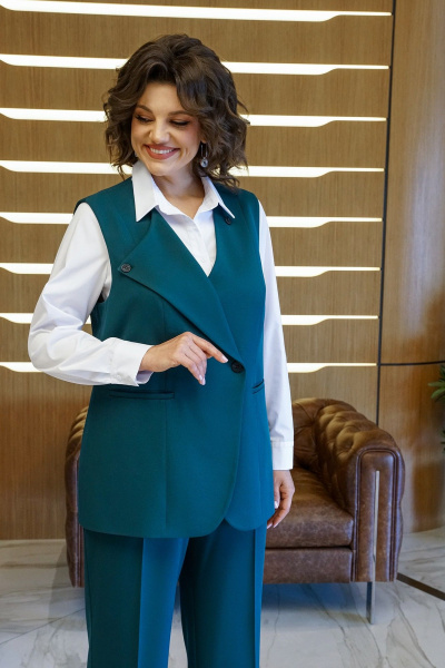 Блуза, брюки, жилет Alani Collection 2416  изумруд-белый - фото 6
