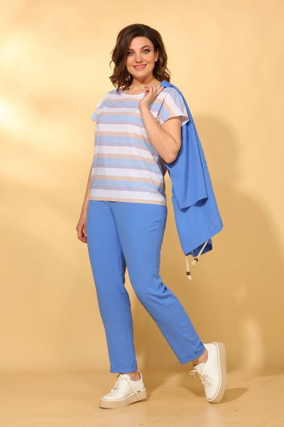 Блуза, брюки, кардиган Vilena 584 голубой/полоска - фото 4