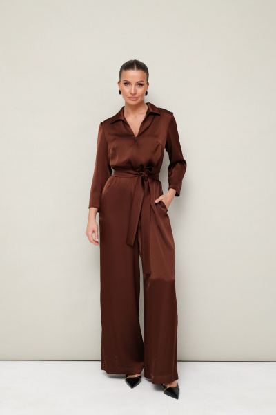 Коричневый комбинезон из струящейся ткани с поясом PUR PUR 11-139/2 - фото 3