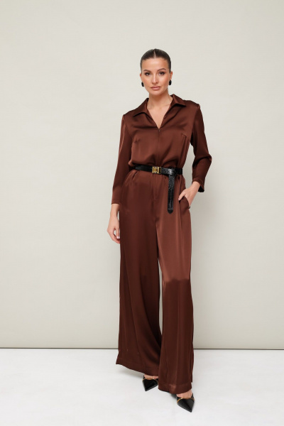 Коричневый комбинезон из струящейся ткани с поясом PUR PUR 11-139/2 - фото 1