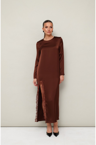 Коричневое платье с разрезом и кружевной отделкой PUR PUR 11-329/1 - фото 3