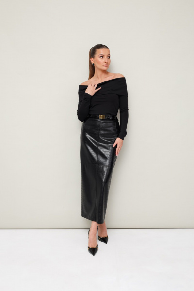 Черная блузка с открытыми плечами и эластичным материалом PUR PUR 11-340 - фото 3