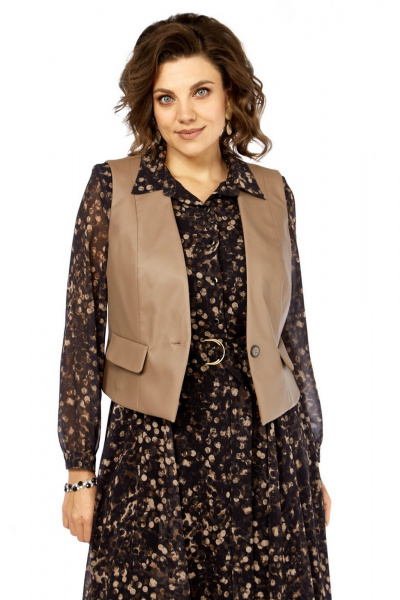 Жилет, платье Милора-стиль 1380/1 черный+капучино_кружочки - фото 4