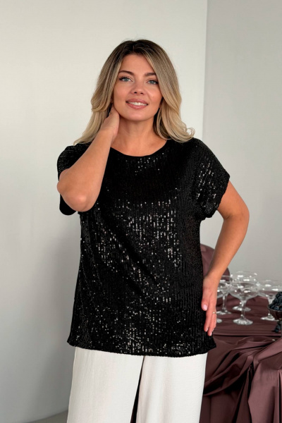 Нарядный черный топ с пайетками и гипюром на эластичной ткани LindaLux 1-194/1 пайетки - фото 9