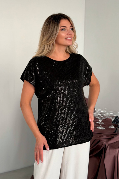 Нарядный черный топ с пайетками и гипюром на эластичной ткани LindaLux 1-194/1 пайетки - фото 8