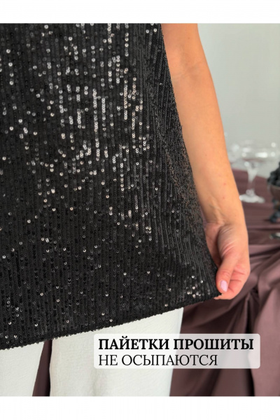 Нарядный черный топ с пайетками и гипюром на эластичной ткани LindaLux 1-194/1 пайетки - фото 5