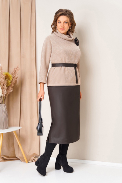 Джемпер, юбка VOLNA 1447 бежево-шоколадный - фото 1