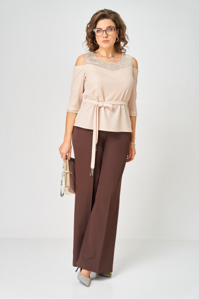 Блуза, брюки Орхидея 1635 бежевый, коричневый - фото 3