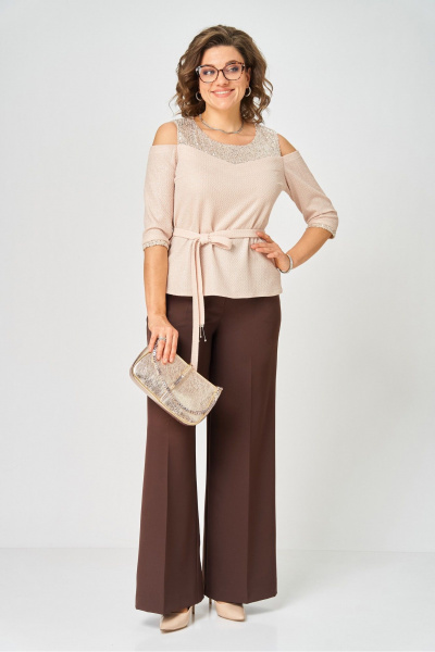 Блуза, брюки Орхидея 1635 бежевый, коричневый - фото 1