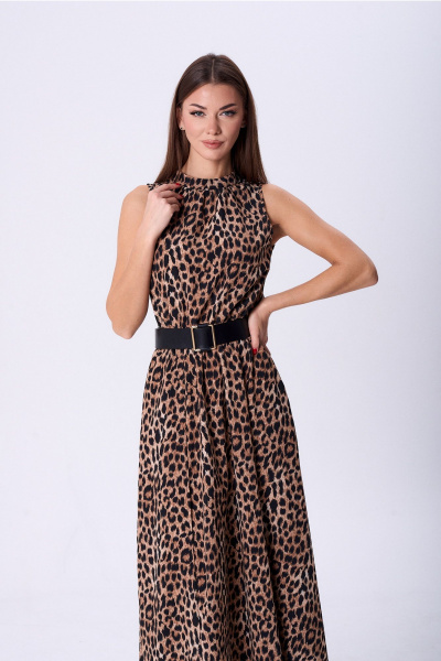 Нарядное платье из струящейся ткани с сборкой и разрезом Lady Line 1580 темный_леопард - фото 5