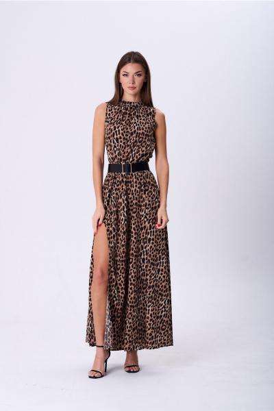 Нарядное платье из струящейся ткани с сборкой и разрезом Lady Line 1580 темный_леопард - фото 4