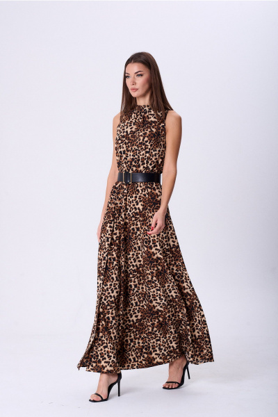 Классическое платье с воротником-стойкой и сборкой из ткани Lady Line 1580/1 светлый_леопард - фото 1