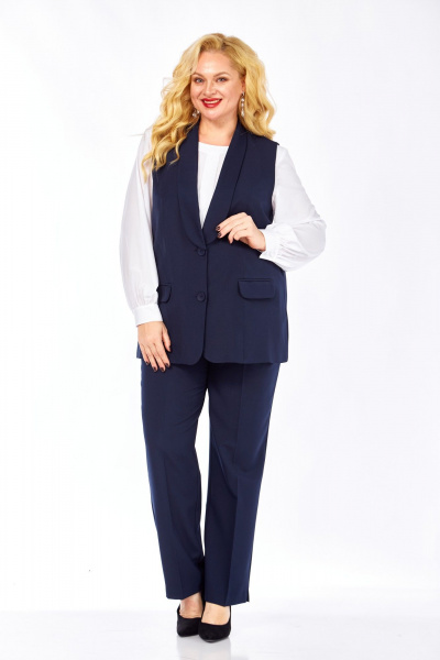 Деловой комплект из блузы, жилета и зауженных брюк из текстиля Элль-стиль 2132/5 темно-синий - фото 4