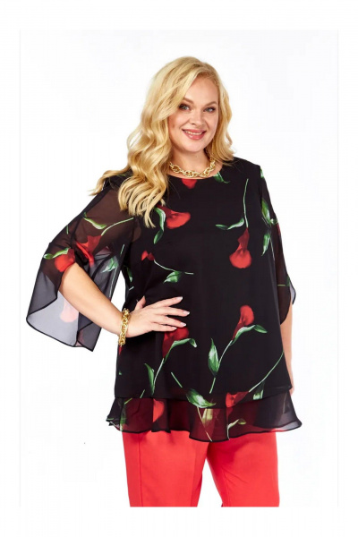 Блуза Элль-стиль 2213/11а черный_принт_цветы - фото 7