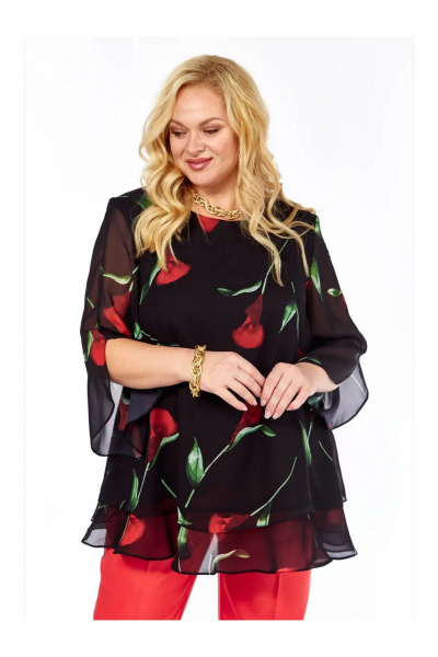 Блуза Элль-стиль 2213/11а черный_принт_цветы - фото 5