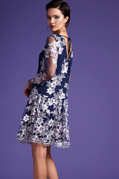 Платье LaVeLa L1892 синий/цветы_розовые - фото 1