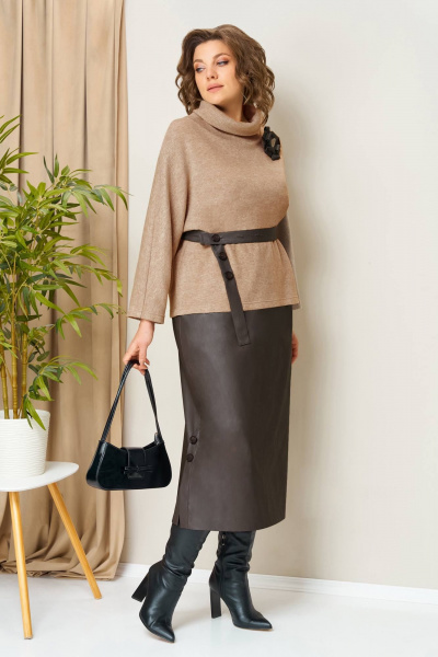 Джемпер, юбка VOLNA 1447 бежевый_кэмел,шоколад - фото 1