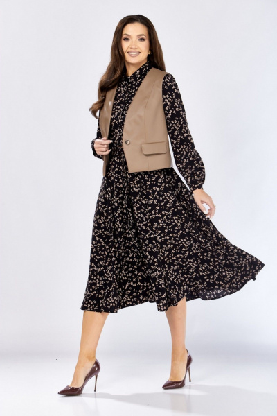 Жилет, платье Милора-стиль 1380/1 черный+капучино_цветы - фото 3