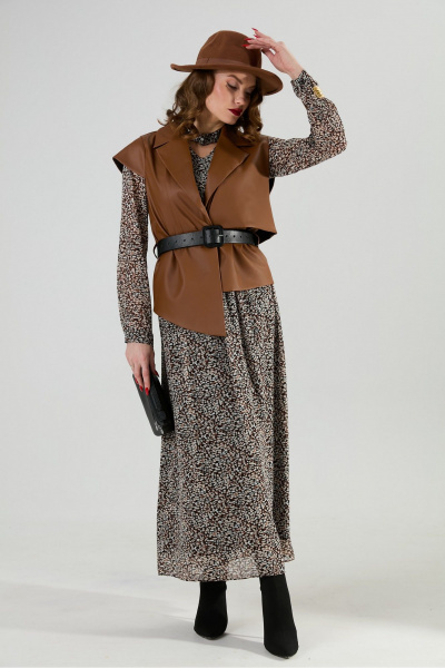 Жилет, платье NikVa 1020-2 коричневый мультиколор и шоколад - фото 2