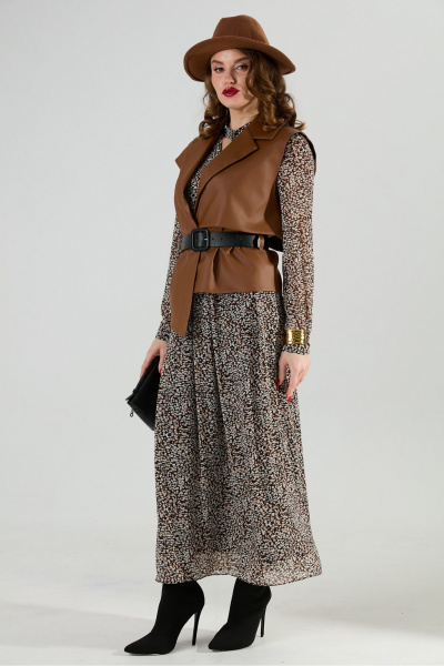 Жилет, платье NikVa 1020-2 коричневый мультиколор и шоколад - фото 5