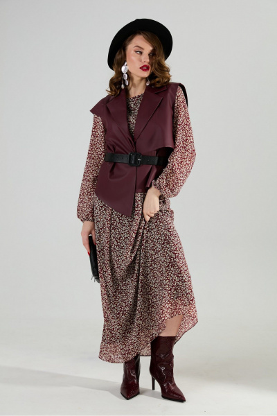 Жилет, платье NikVa 1020-3 листочки бургунди и бордо - фото 4