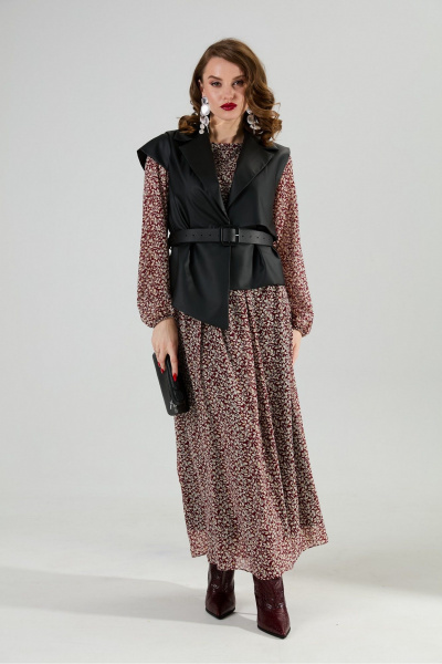 Жилет, платье NikVa 1020-4 листочки бургунди и чёрный - фото 6