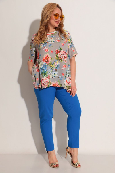 Блуза, брюки Michel chic 1234 цветы-синий - фото 1