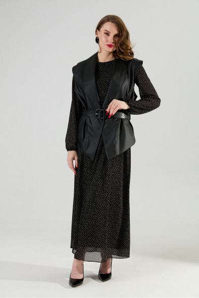 Жилет, платье, ремень NikVa 1021-2 чёрный в горошек и чёрный - фото 7