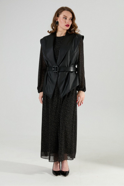 Жилет, платье, ремень NikVa 1021-2 чёрный в горошек и чёрный - фото 4