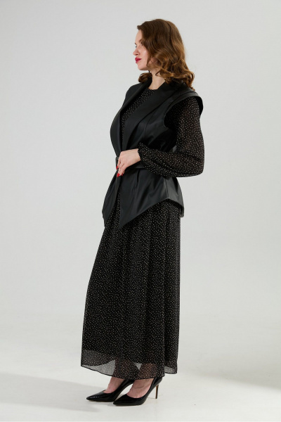 Жилет, платье, ремень NikVa 1021-2 чёрный в горошек и чёрный - фото 3