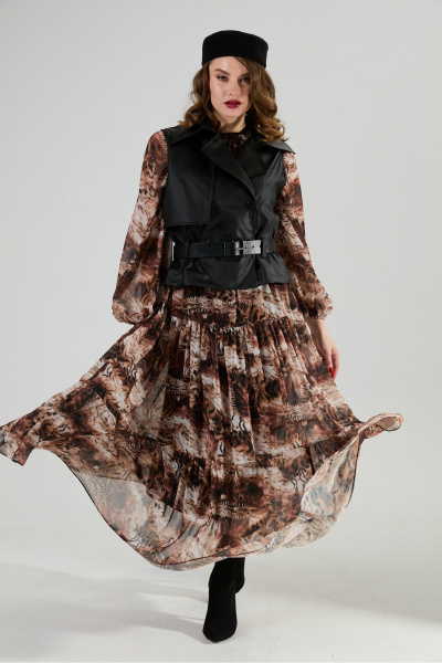 Жилет, платье, ремень NikVa 1022-2 чёрный и тигровая абстракция - фото 1