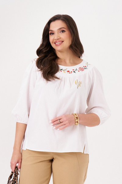Блузка прямого силуэта с вышивкой и рукавом 3/4 Панда 36540z белый - фото 1