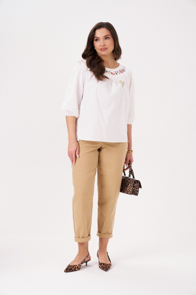 Блузка прямого силуэта с вышивкой и рукавом 3/4 Панда 36540z белый - фото 2