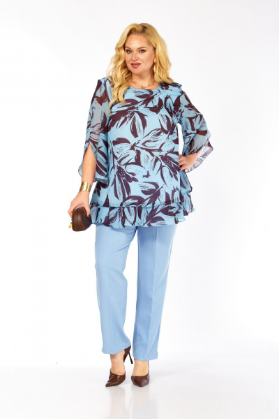 Блуза, брюки Элль-стиль 2213/12 голубой_кофе - фото 12