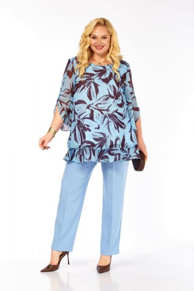 Блуза, брюки Элль-стиль 2213/12 голубой_кофе - фото 8