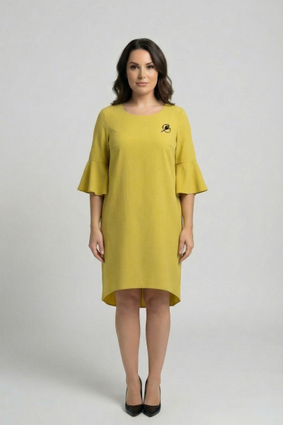 Вискозно-льняное платье с нагрудными вытачками и воланом Swallow 680 оливково-горчичный - фото 2